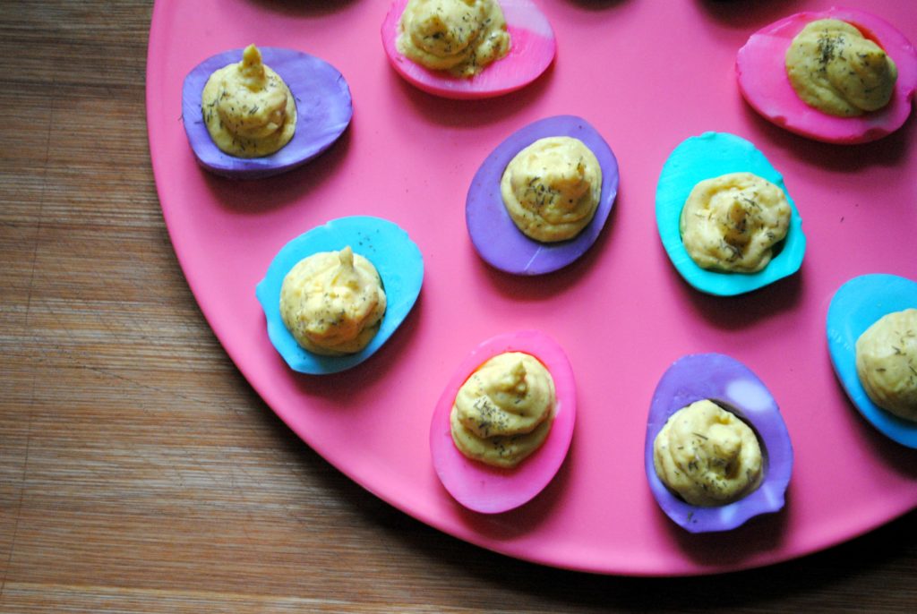 Pastel-colored deviled eggs