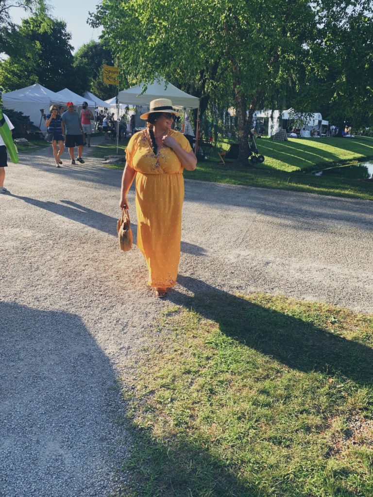 Yellow maxi dress, Westerville arts festival, festival outfit, straw hat, straw bag