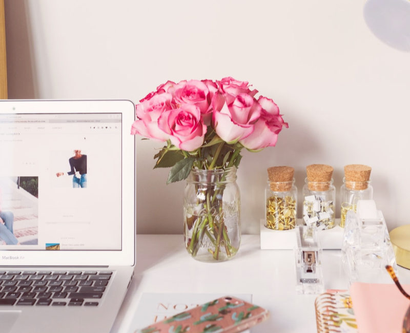 desk, working from home, work from home, white desk with flowers