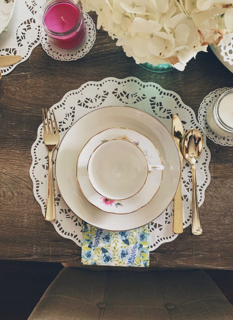 Overhead shot of a place setting at a table for a Mothers Day brunch