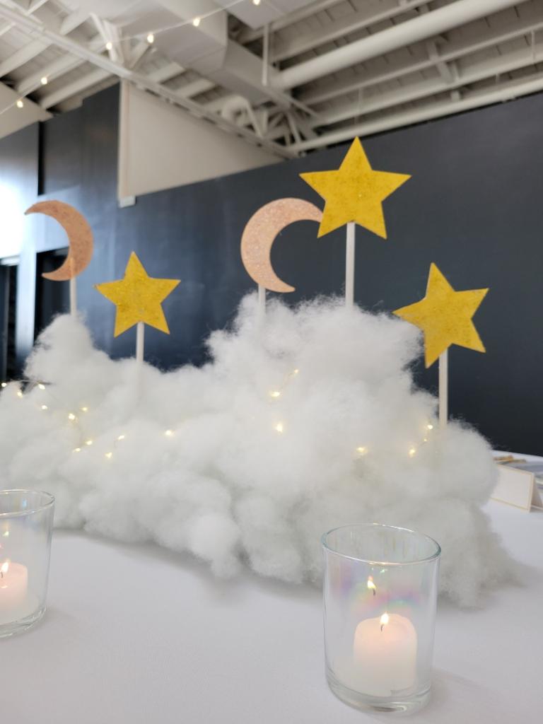 Cloud,star and moon centerpieces at a cloud themed baby shower