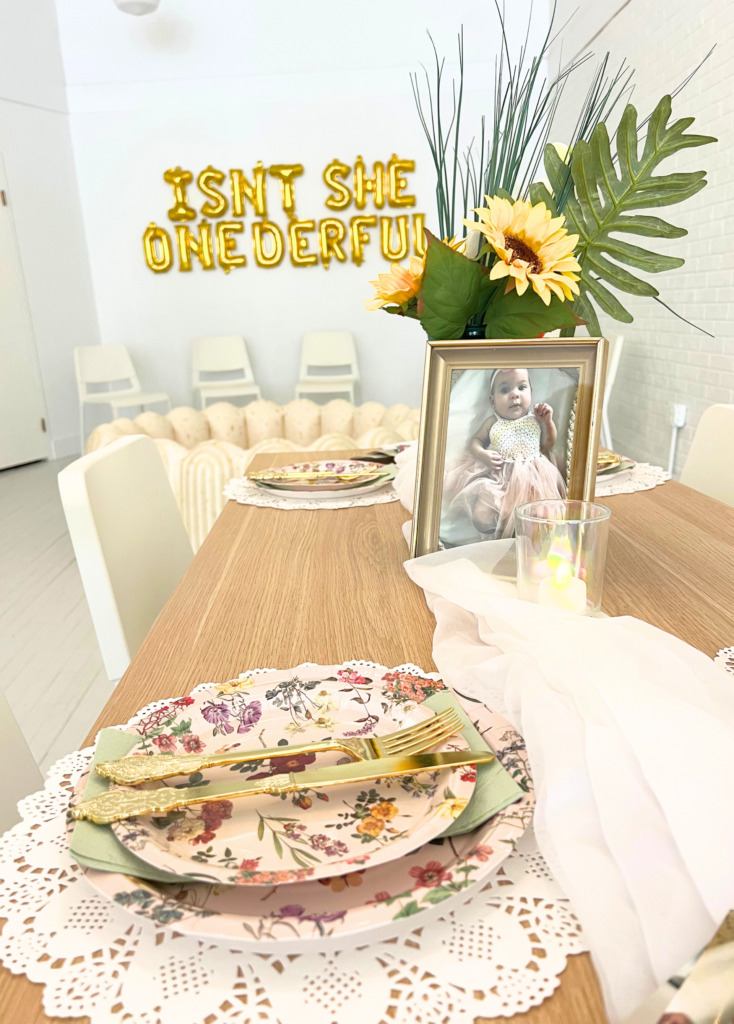 table setup at a garden party themed birthday