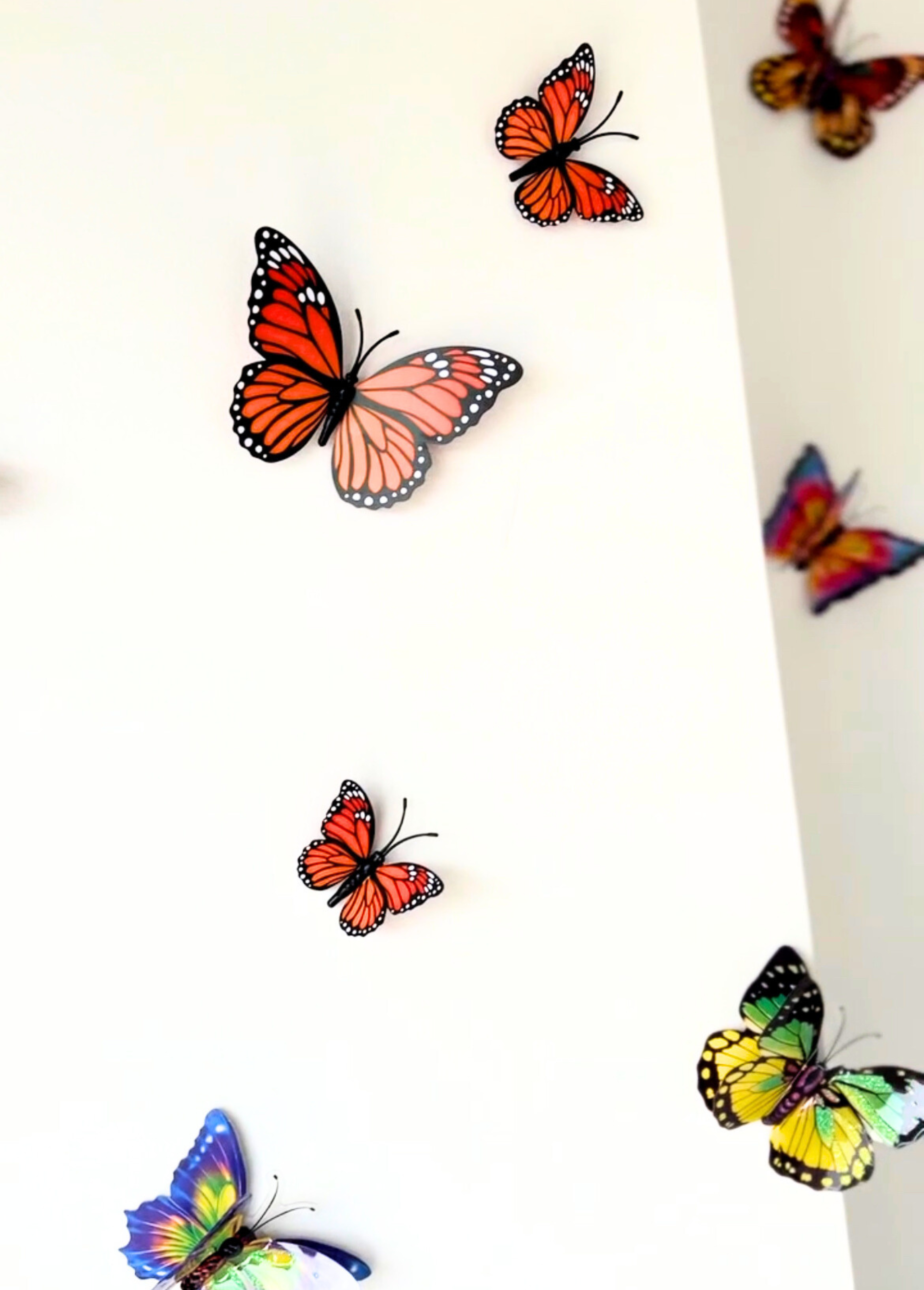 A wall of butterflies adorning the wall of a garden party themed birthday