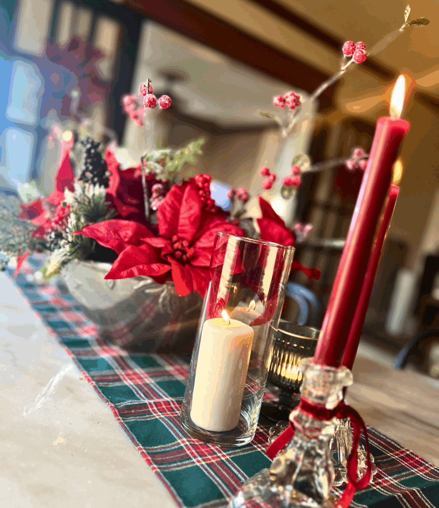 Christmas dining room table centerpiece for a blog post about the Ralph Lauren Christmas trend.
