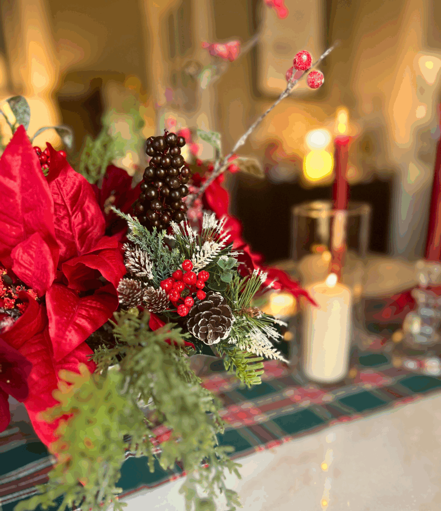 Christmas dining room table centerpiece for a blog post about the Ralph Lauren Christmas trend.