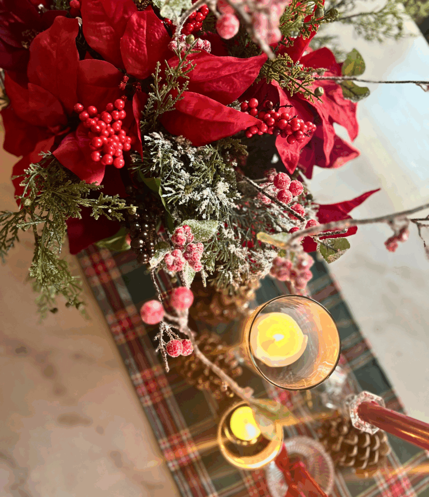 Christmas dining room table centerpiece for a blog post about the Ralph Lauren Christmas trend.