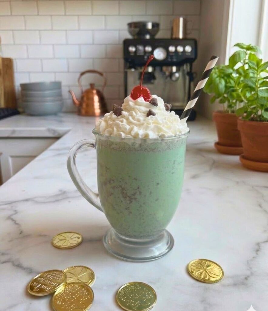 Copycat Shamrock Shake recipe served in a glass with whipped cream for a festive St. Patrick’s Day treat