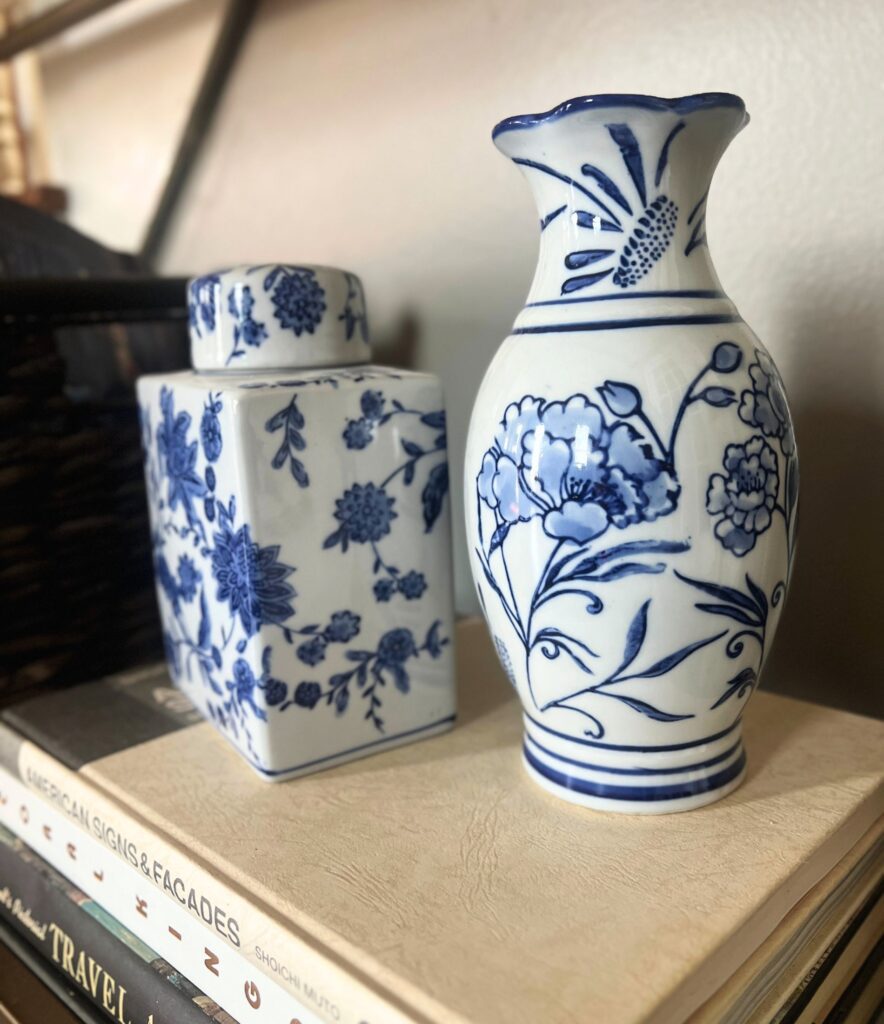 simple spring decor close-up of blue and white porcelain vases