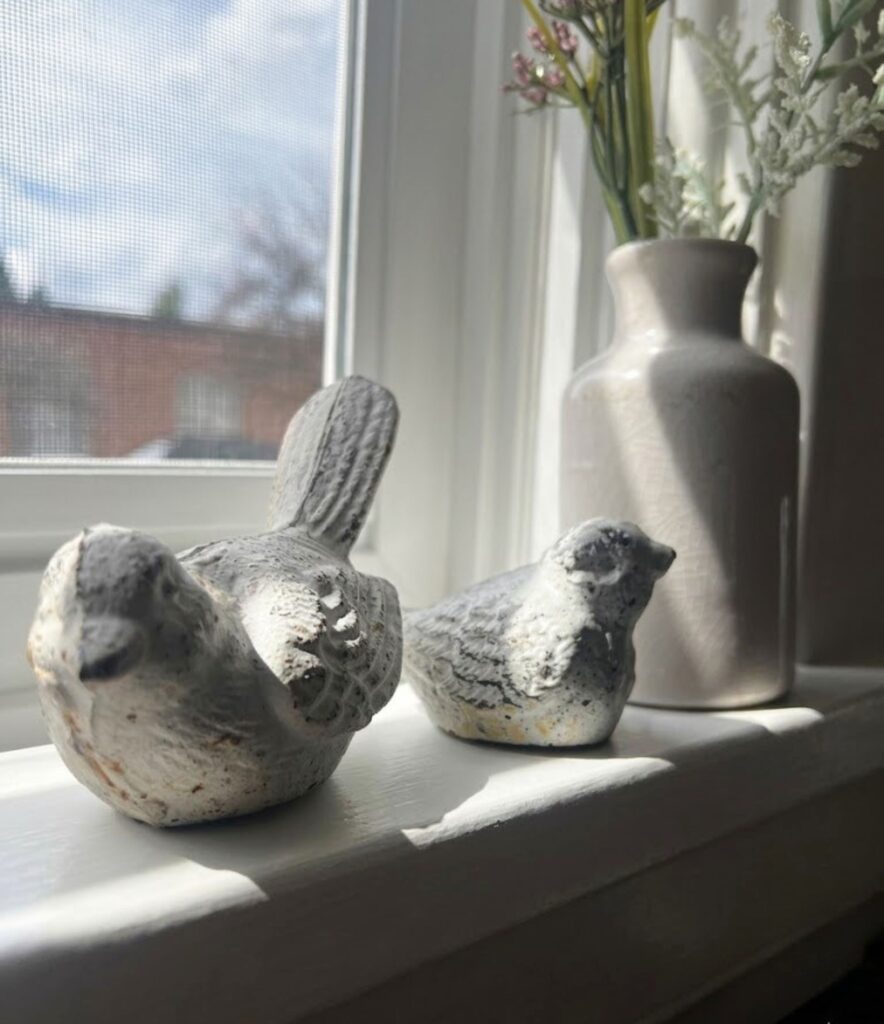 simple spring decor in a bright kitchen with subtle Easter accents and fresh florals